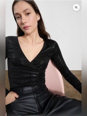Marcella NYC Dulce Metallic Top Sparkly Lurex Long-Sleeve Wrap Top Size S Small